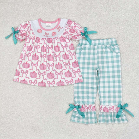 Kids Girls  Pink Pumpkin Bow Pants Set