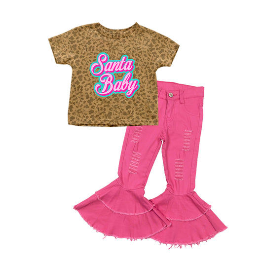 GSPO1693 Santa Baby Leoaprd Top Hot Pink Denim Pants Set Pre-order