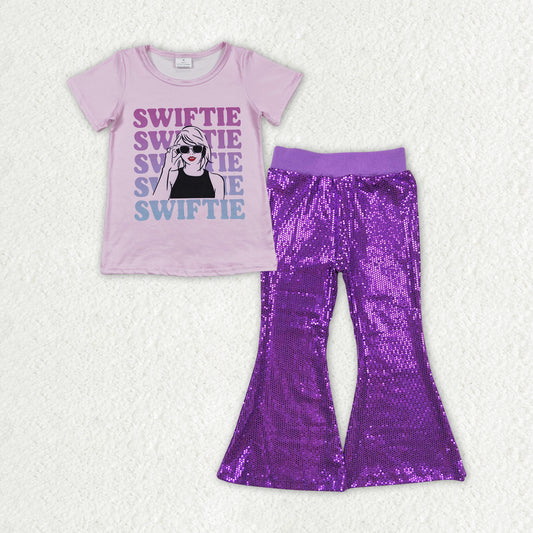 GSPO1707 Toddler Baby Girls Singer Swiftie Purple Sequin Bell Bottom Pants Outfit