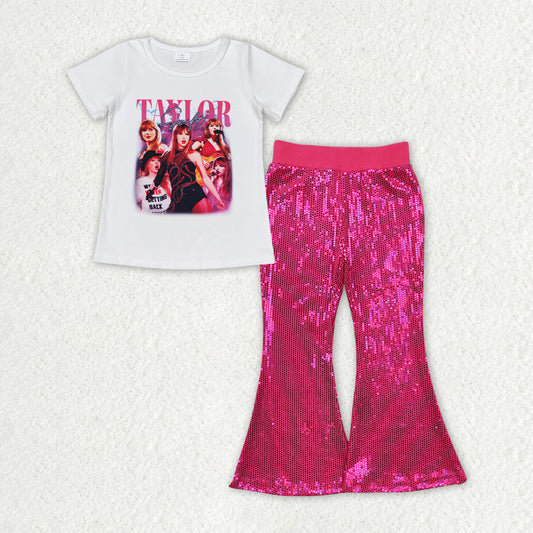 Singer Top Hot Pink Sequin Bell Bottom Pants Outfit