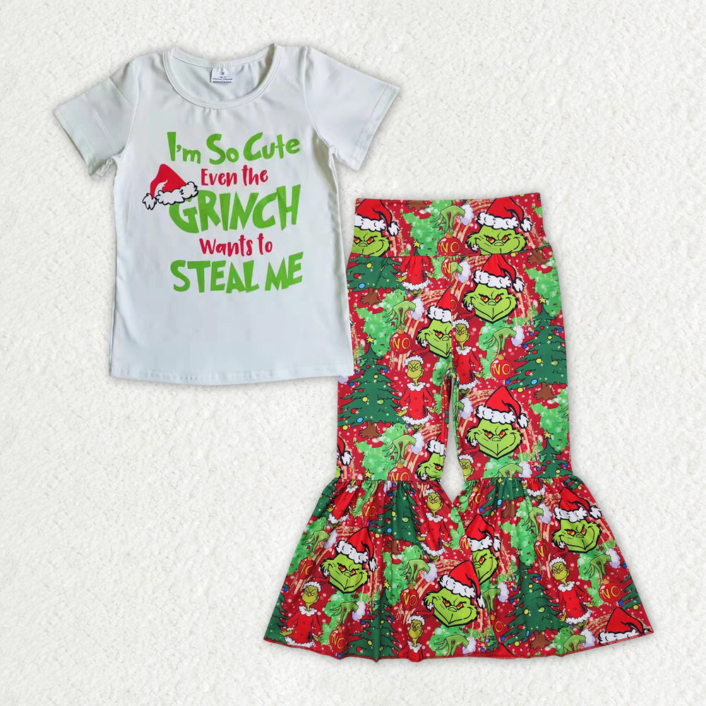 Baby Girls Christmas Green Face Bell Bottom Pants Set Preorder