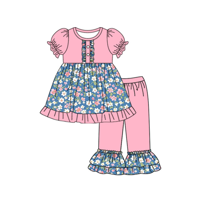 Toddler Girls Pink Flower Tunic Top Ruffle Pants Set Preorder