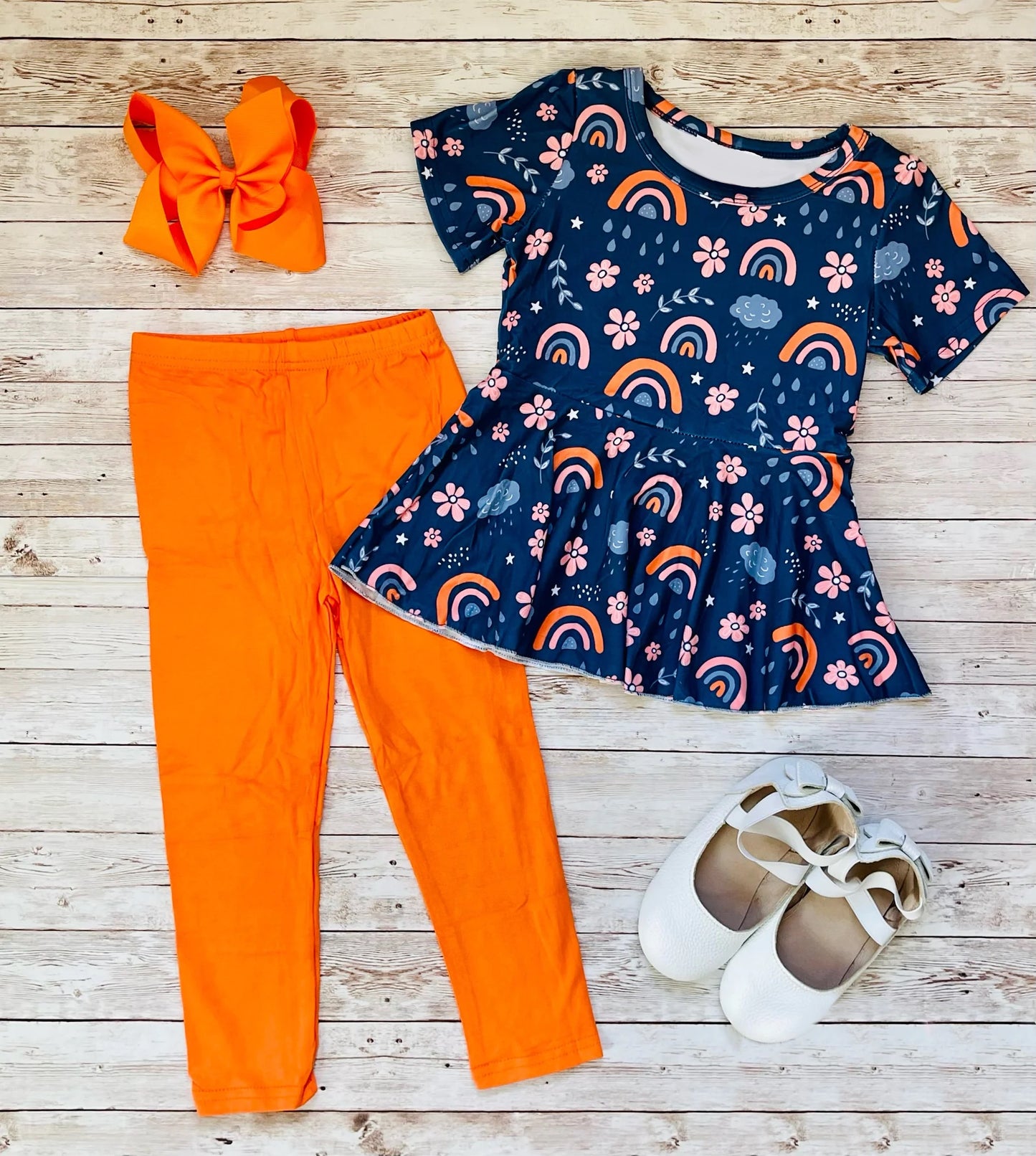 Toddler Girls  Rainbow Short Sleeve Tunic Top Orange Legging Set Preorder