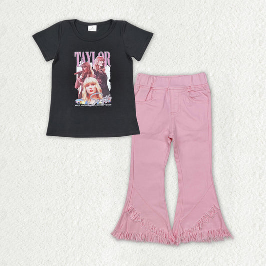 Baby Girls Black Short Sleeves Singer Top Pink Denim Pants Set