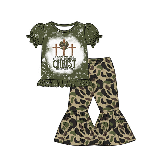 Baby Girls Easter Olive Cross Print Top Camo Bell Bottom Pant Set Preorder