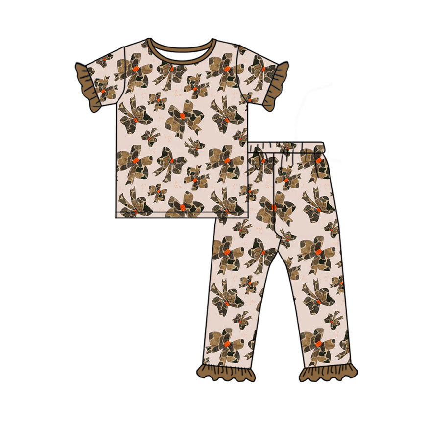 Baby Girls Valentines Khaki Bows Print Top Pant Pajamas Set Preorder