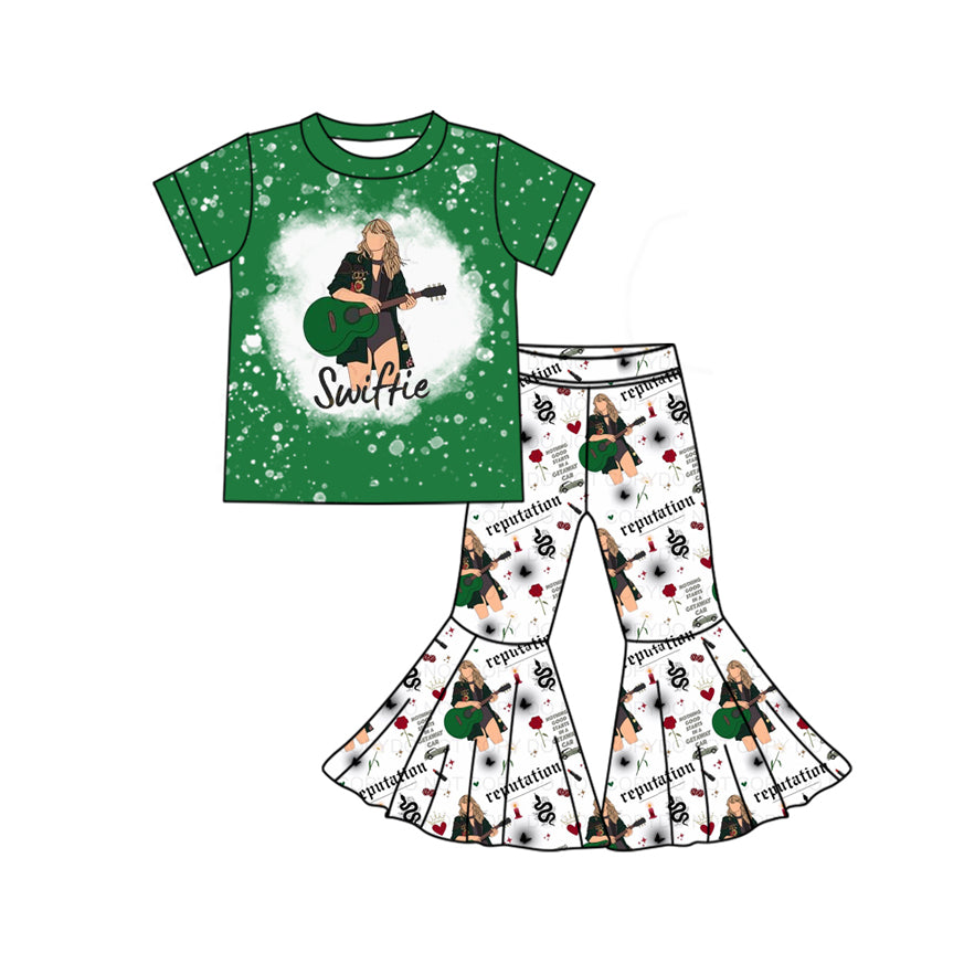 Baby Girls Green Short Sleeves Singer Top Bell Bottom Pant Set Preorder