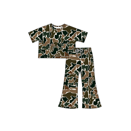 Baby Girls Short Sleeves Dark Green Camo Top Flame Pant Western Set Preorder