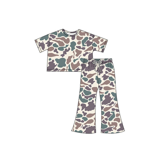 Baby Girls Short Sleeves Green Camo Top Flame Pant Western Set Preorder