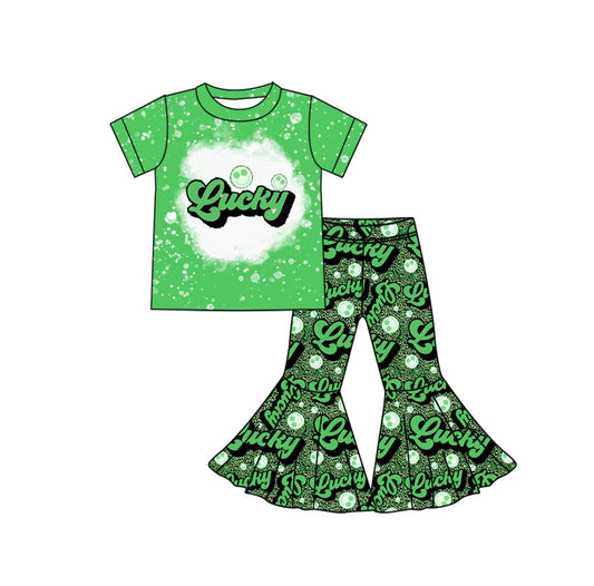 Baby Girls Green Short Sleeves Lucky Smile Top Bell Bottom Pant Set Preorder