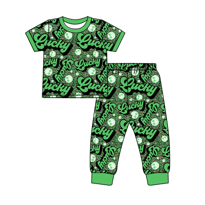 Baby Boys Green Short Sleeves Lucky Smile Top Pant Pajamas Set Preorder