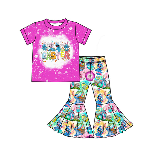 Baby Girls Hot Pink Short Sleeves Cartoon Eatser Top Bell Bottom Pant Easter Set Preorder