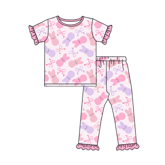 Baby Girls Pink Short Ruffle Sleeves Bows Bunny Top Pant Easter Pajamas Set Preorder