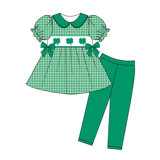 Baby Girls Green Short Ruffle Sleeves Bows Clovers Print Tunic Legging Pant Set Preorder