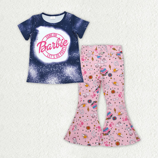 Baby Girls Blue Short Sleeves Doll Top Pink Bell Bottom Denim Pant Valentines Set