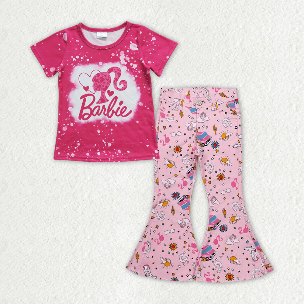 Baby Girls Hot Pink Short Sleeves Heart Doll Top Pink Bell Bottom Denim Pant Valentines Set