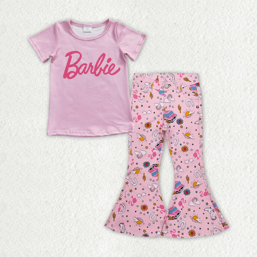 Baby Girls Pink Short Sleeves Doll Top Pink Bell Bottom Denim Pant Valentines Set