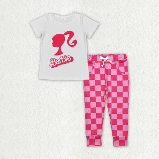 Baby Girls White Short Sleeves Doll Top Plaid Pocket Pant Valentines Set