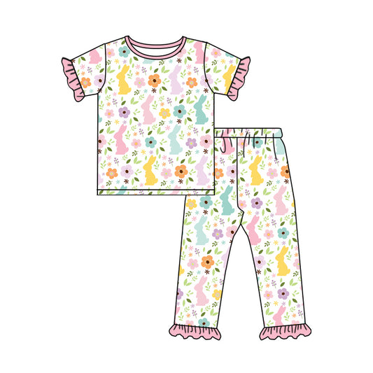 Baby Girls Pink Short Ruffle Sleeves Bunny Flowers Print Top Pants Easter Pajamas Set Preorder