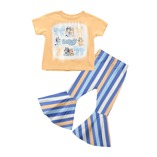 Baby Girls Peach Short Sleeves Cartoon Blue Dogs Print Top Blue Peach Stripe Bell Bottom Pant Easter Set Preorder