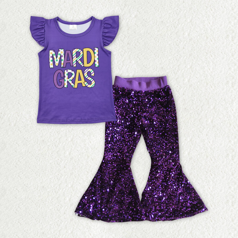 Baby Girls Purple Flutter Sleeves Top Sequin Bell Bottom Pant Mardi Gras Set