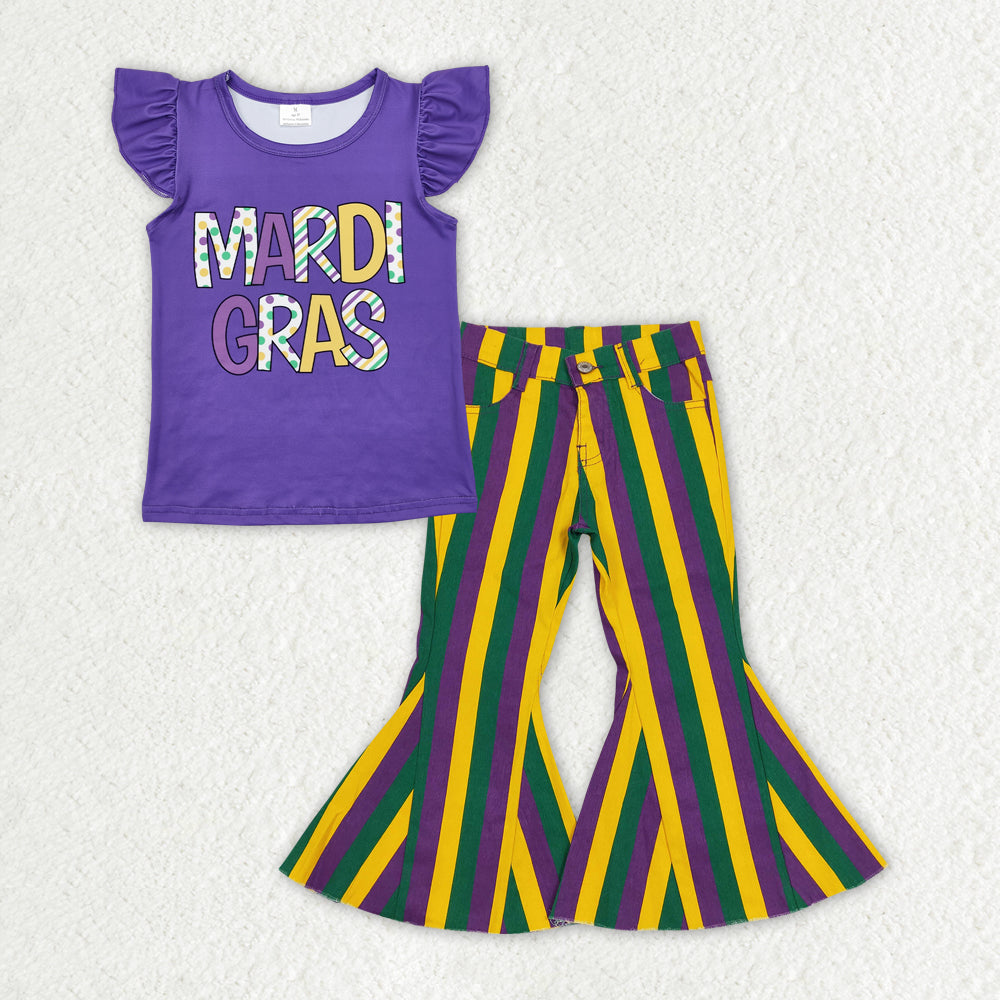 Baby Girls Purple Flutter Sleeves Top Purple Green Yellow Stripe Pocket Bell Bottom Denim Pant Mardi Gras Set