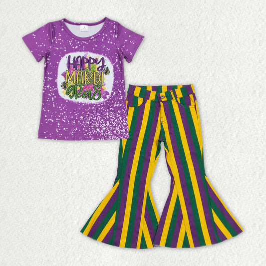 Baby Girls Purple Short Sleeves Floral Top Purple Green Yellow Stripe Pocket Bell Bottom Denim Pant Mardi Gras Set