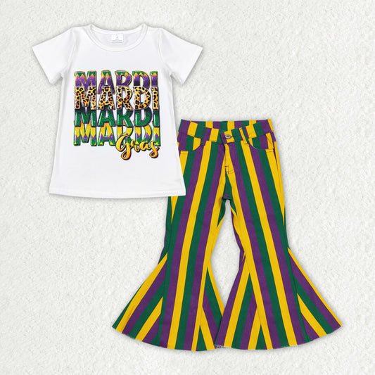 Baby Girls White Short Sleeves Top Purple Green Yellow Stripe Pocket Bell Bottom Denim Pant Mardi Gras Set