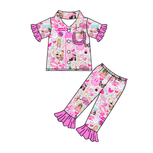 Baby Girls Hot Pink Short Ruffle Sleeves Button Down Singer Guitars Top Pants Pajamas Set Preorder