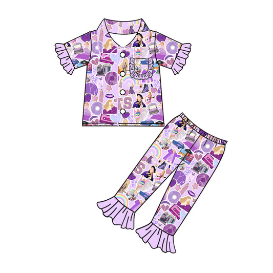 Baby Girls Lavender Short Ruffle Sleeves Button Down Singer Guitars Top Pants Pajamas Set Preorder