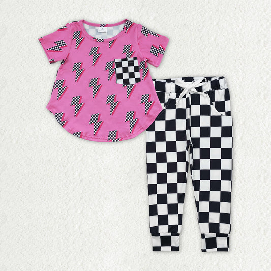 Baby Girls Pink Short Sleeves Lightling Top Black Plaid Pocket Pant Set