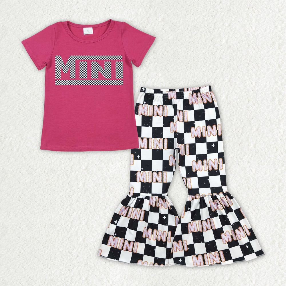 Baby Girls Hot Pink Short Sleeves MINI Top Black Plaid Bell Bottom Pant Set