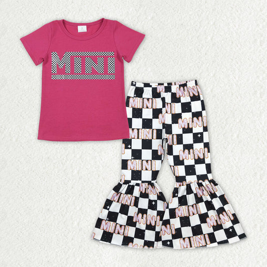 Baby Girls Hot Pink Short Sleeves MINI Top Black Plaid Bell Bottom Pant Set