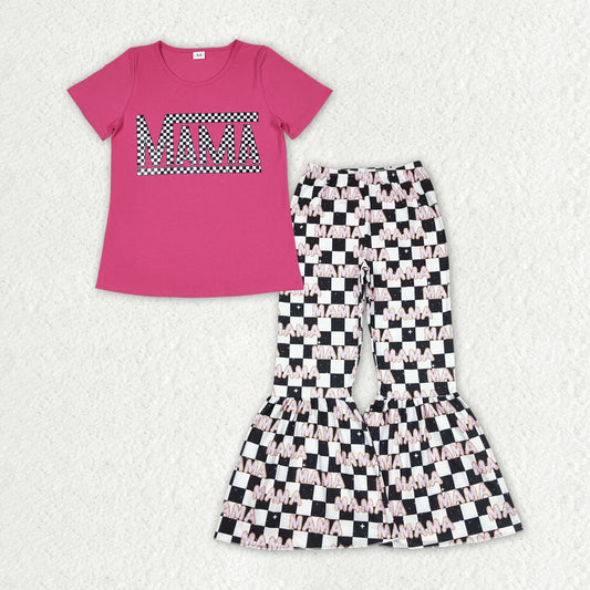 Adult Women Hot Pink Short Sleeves MAMA Top Black Plaid Bell Bottom Set