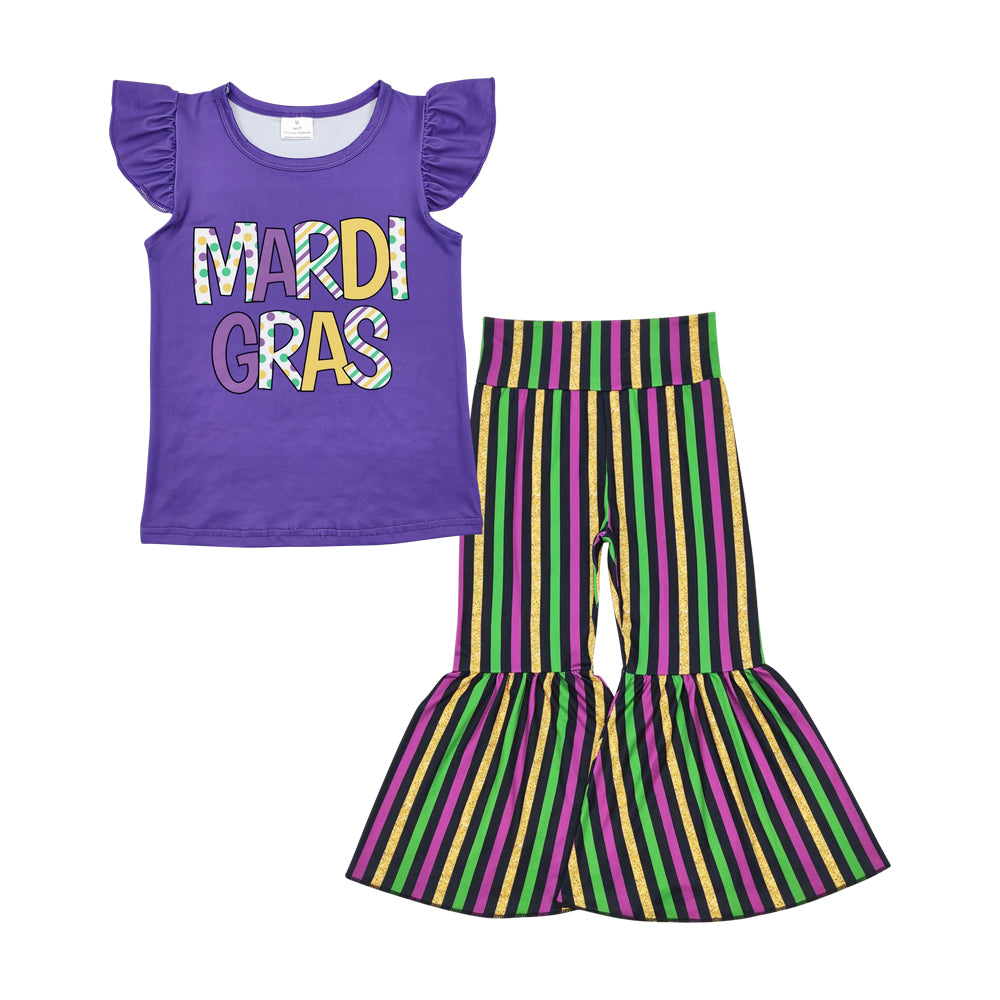 Baby Girls Purple Flutter Sleeve Top Stripe Bell Bottom Pant Mardi Gras Set