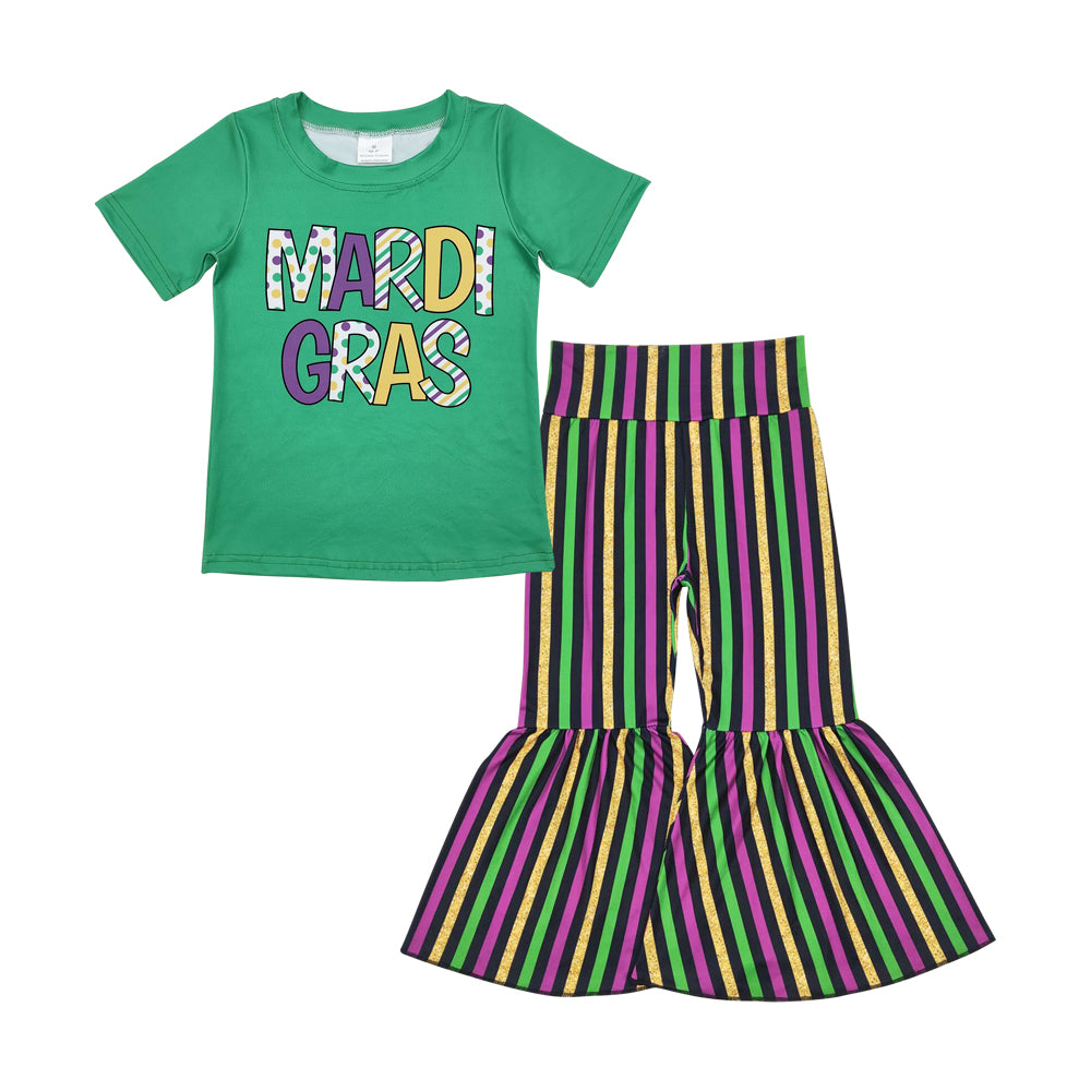 Baby Girls Green Short Sleeve Top Stripe Bell Bottom Pant Mardi Gras Set