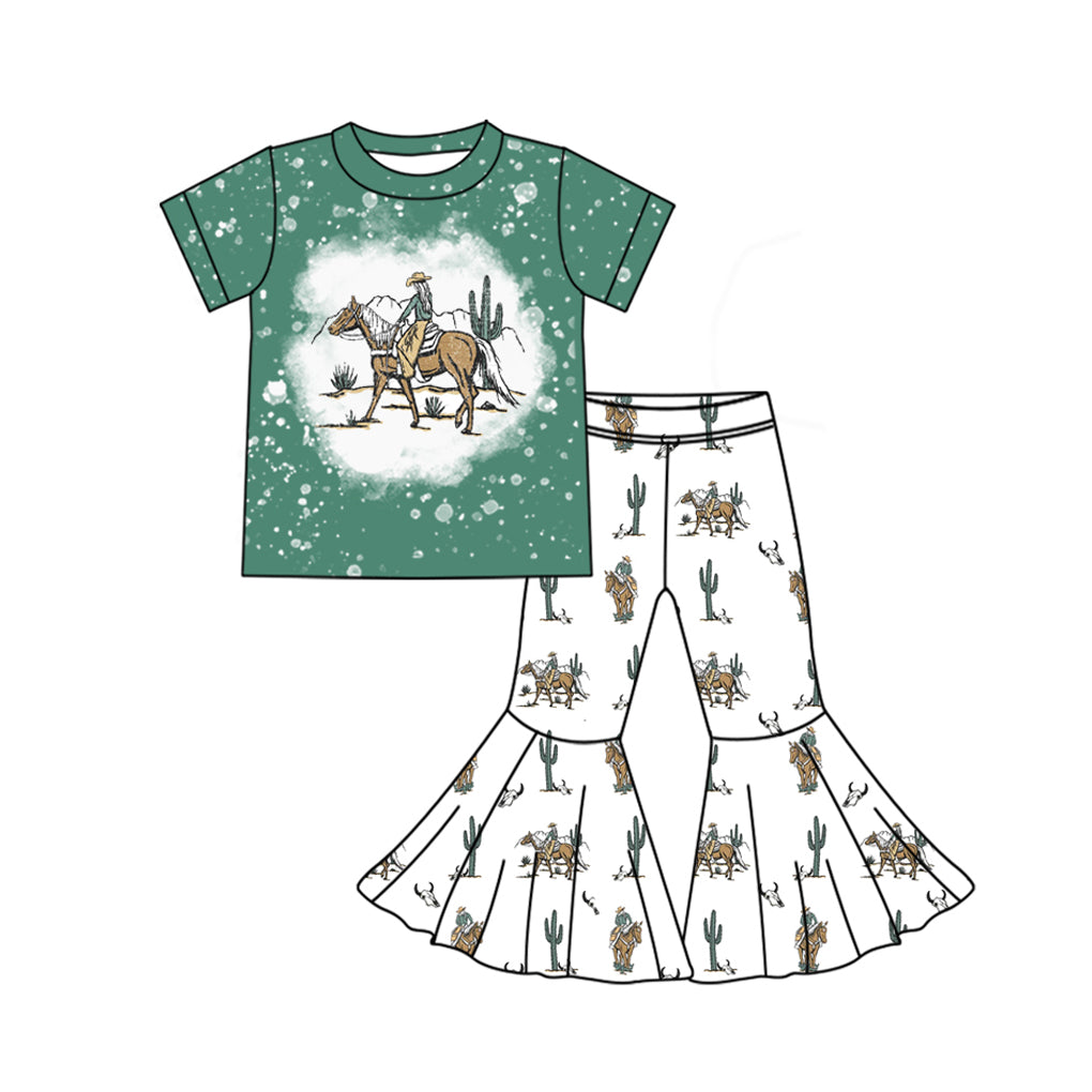 Baby Girls Green Short Sleeves Horse Rodeo Print Top Bell Bottom Pant Set Preorder