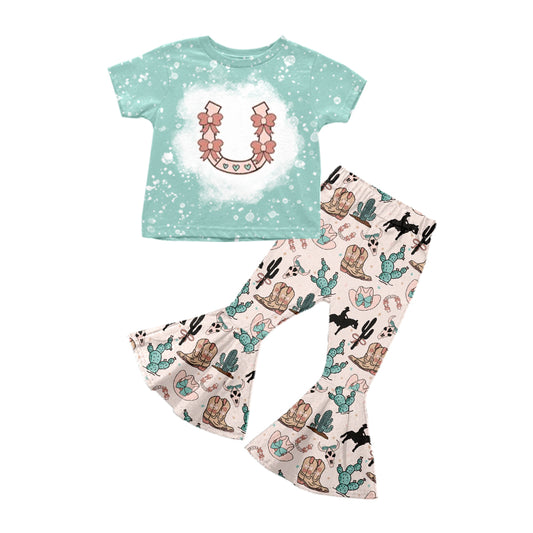 Baby Girls Aqua Short Sleeves Bows Top Boots Cactus Bell Bottom Pant Western Set Preorder