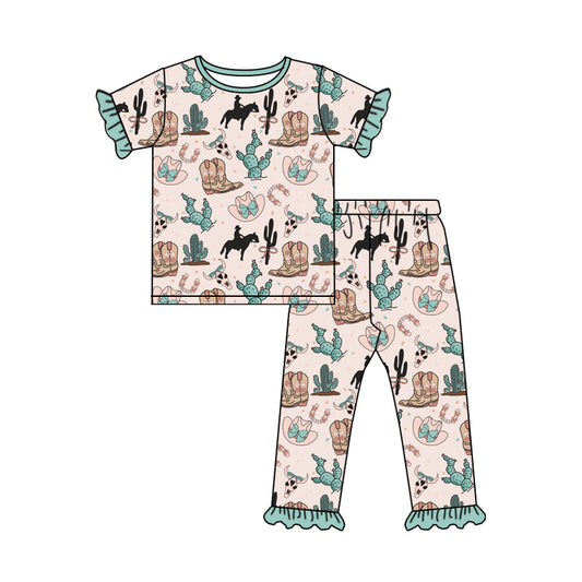 Baby Girls Pink Short Ruffle Sleeves Boots Cactus Top Pant Western Pajamas Set Preorder