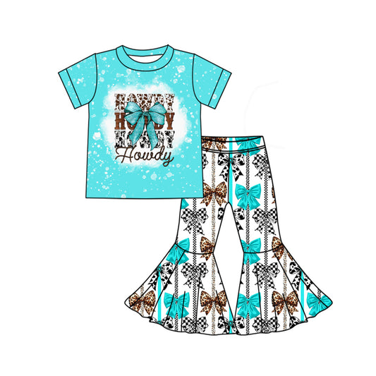 Baby Girls Blue Short Sleeves HOWDY Bow Top Stripe Bows Bell Bottom Valentines Pant Set Preorder