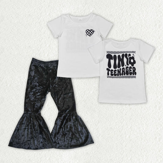 Baby Girls White Short Sleeves Black Plaid Hearts Top Velvet Bell Bottom Pant Set