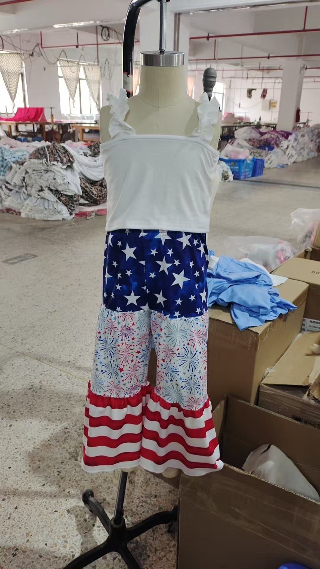 Baby Girls White Strap Top Blue Red Fireworks Flame Pant 4th Of July Set Preorder