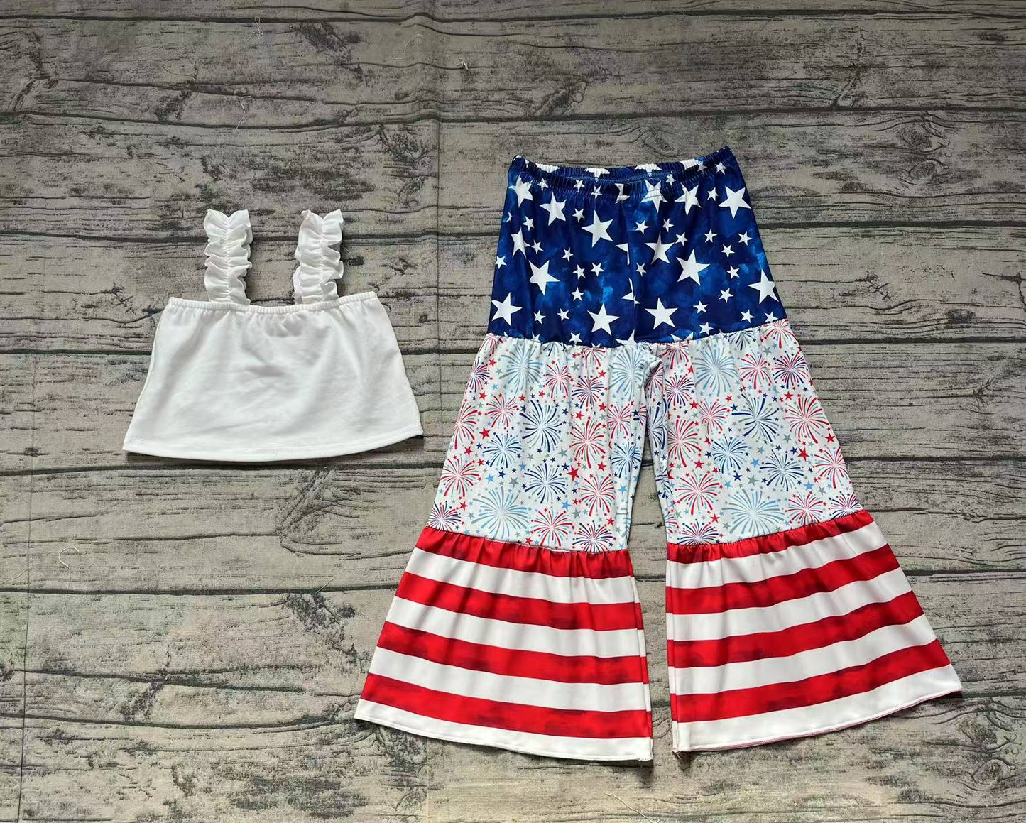 Baby Girls White Strap Top Blue Red Fireworks Flame Pant 4th Of July Set Preorder