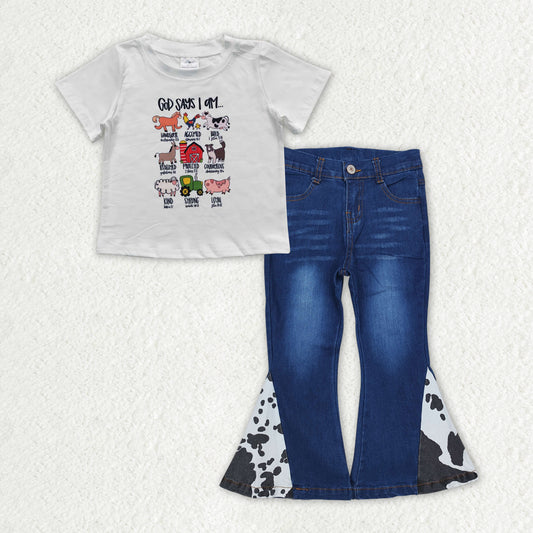 Baby Girls White Long Sleeves Cows Pigs House Top Blue Denim Bell Bottom Pant Farm Set