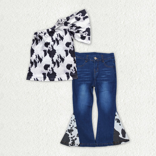 Baby Girls One Shoulder Sleeves Cows Print Top Blue Denim Bell Bottom Pant Set