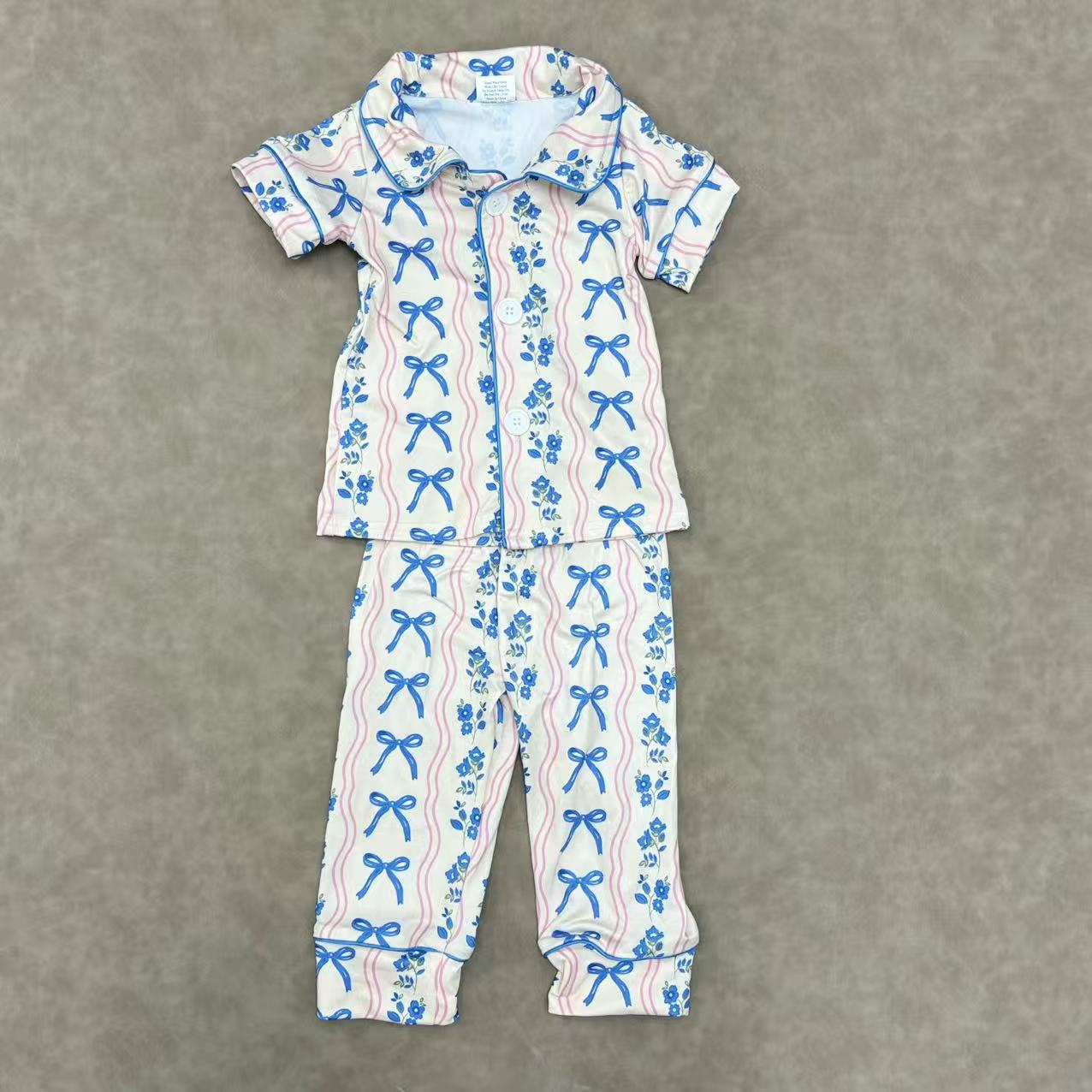 Baby Girls Sibling Blue Bows Short Sleeve Buttons Down Pajama Set /Zipper Footed Romper