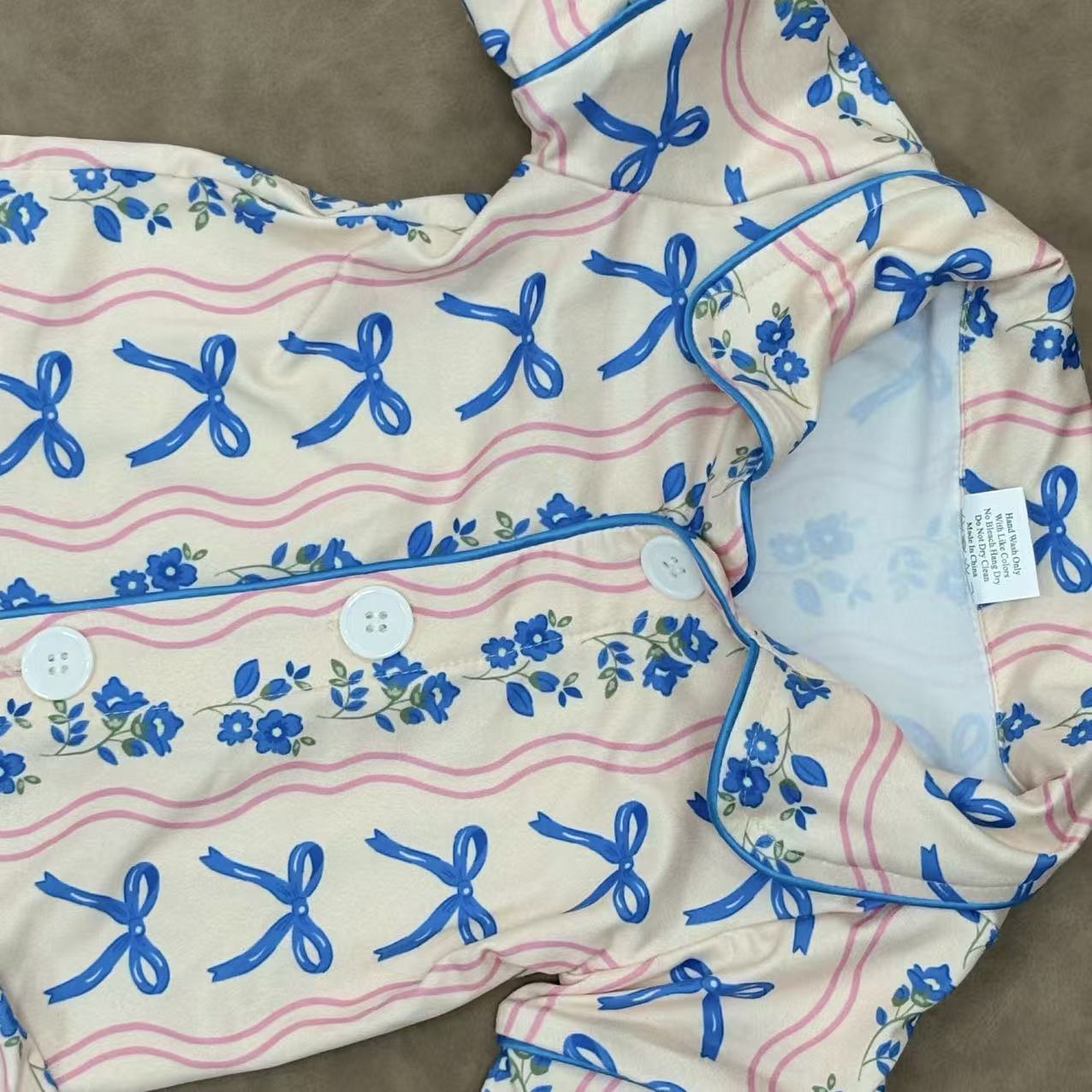 Baby Girls Sibling Blue Bows Short Sleeve Buttons Down Pajama Set /Zipper Footed Romper