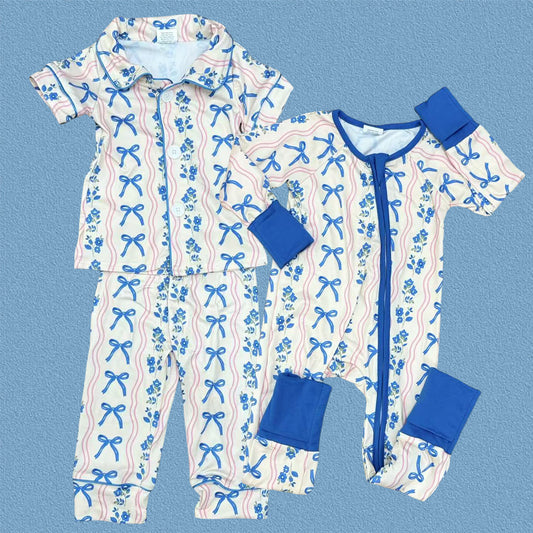 Baby Girls Sibling Blue Bows Short Sleeve Buttons Down Pajama Set /Zipper Footed Romper