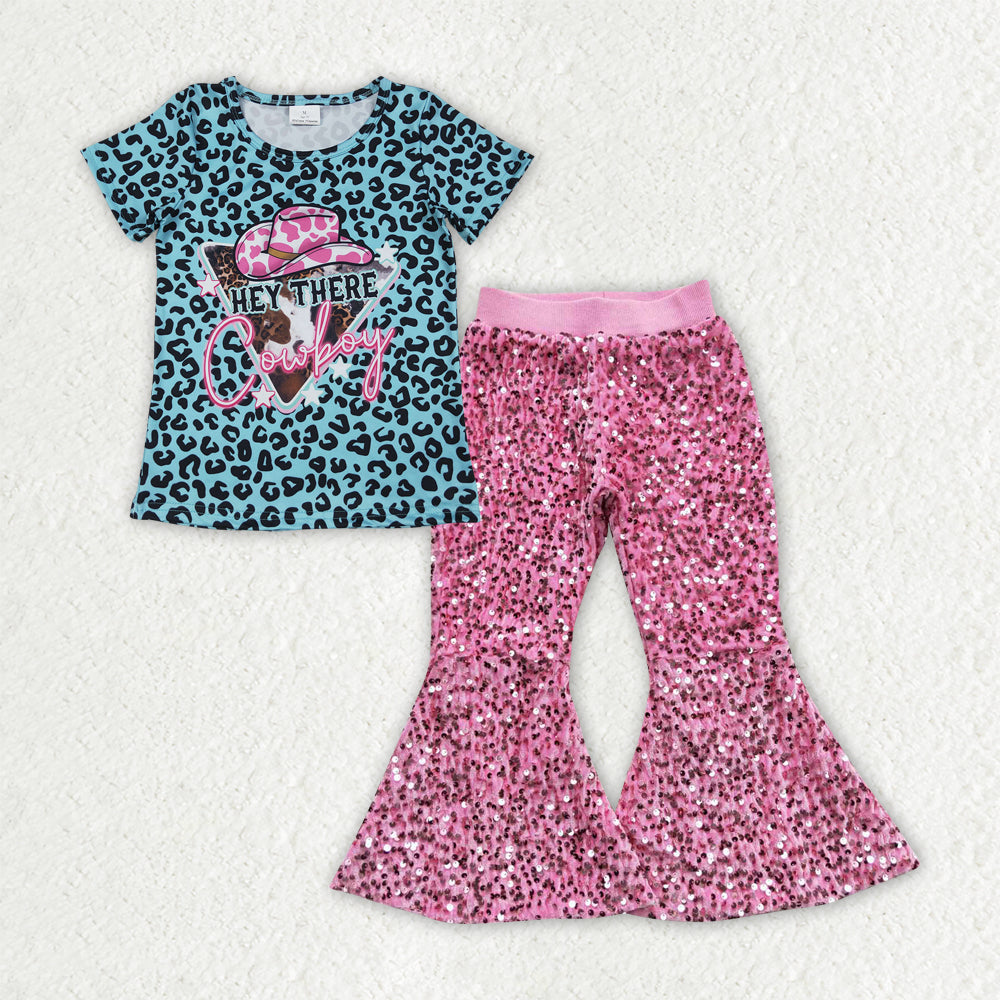 GSPO2053 Western Kids Girls Leoaprd Top Pink Sequin Pants Set