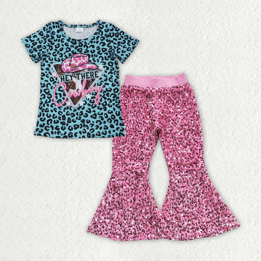 GSPO2053 Western Kids Girls Leoaprd Top Pink Sequin Pants Set